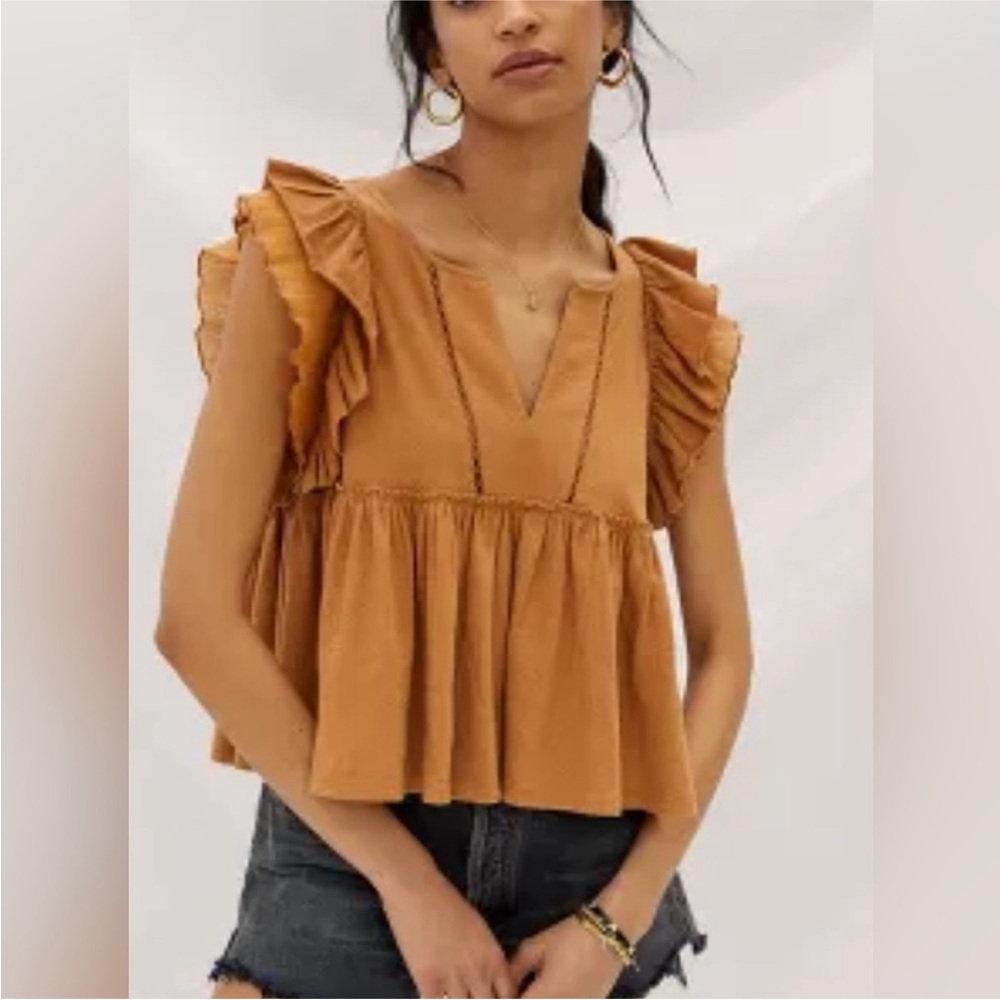 Anthropologie Ruffled Sleeve Tan Babydoll Blouse size medium - Picture 2 of 5
